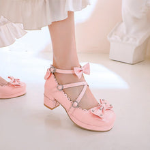 Load image into Gallery viewer, Women's Retro Cute Bow-Clasp Chunky Heel Pumps | Round Toe Block Heels
