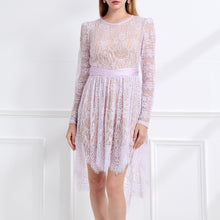 Load image into Gallery viewer, Women Lace Patchwork Pleated Waist Round Neck Long Sleeve Dress With A Shorter Front And Longer Back Design