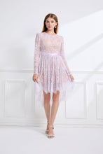 Load image into Gallery viewer, Women Lace Patchwork Pleated Waist Round Neck Long Sleeve Dress With A Shorter Front And Longer Back Design