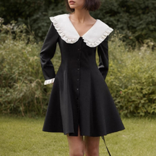 Load image into Gallery viewer, Black White Contrast Color Doll Collar Short Women Elegant Pleated A line Dress