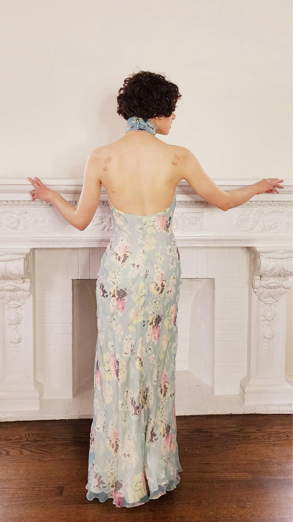 Women Clothing Autumn Socialite Artistic Printed Backless Design Halter Dress