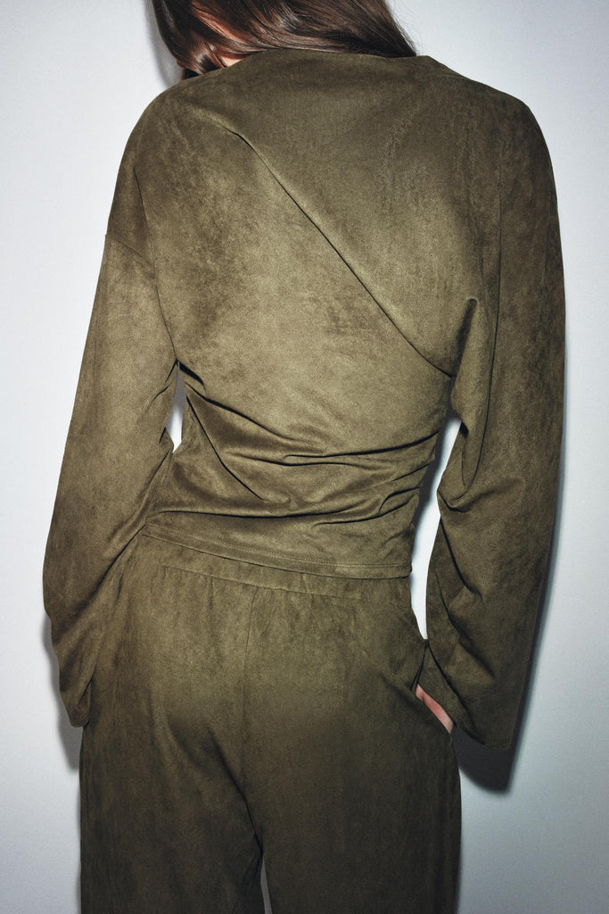 Women Clothing Waist Pleated Suede T shirt Top Belt Pants Suit Women