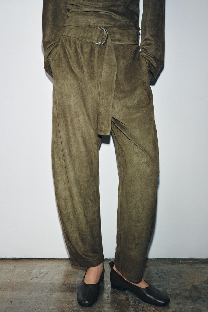 Women Clothing Waist Pleated Suede T shirt Top Belt Pants Suit Women