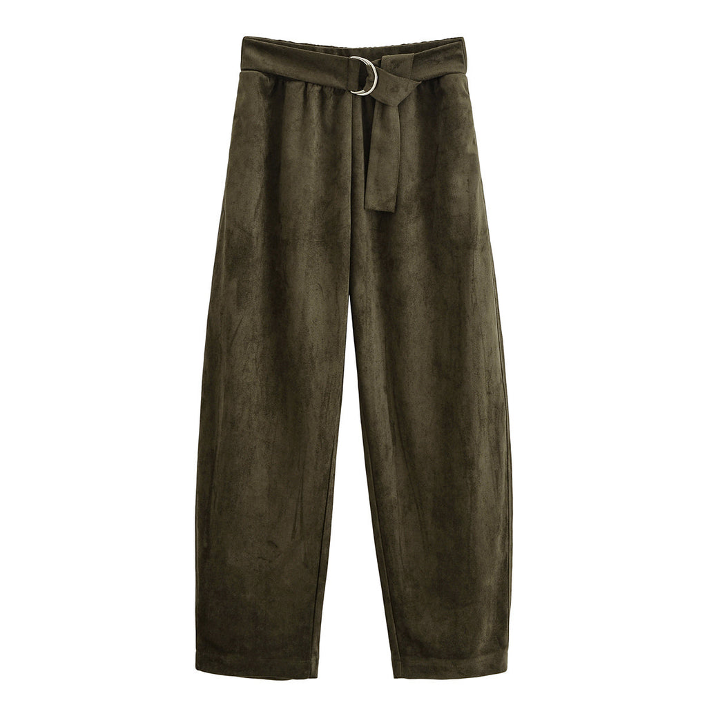 Women Clothing Waist Pleated Suede T shirt Top Belt Pants Suit Women