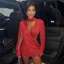 Load image into Gallery viewer, Autumn Winter Women Solid Color Sexy Hollow Out Cutout Long Sleeved Deep V Plunge neck Cross Stitching Hip Dress
