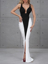 Load image into Gallery viewer, Autumn Winter Women Sexy Backless Halter V neck Colorblock Contrast Color Sheath Dress