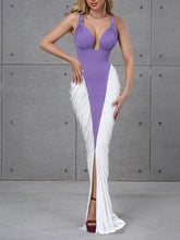 Load image into Gallery viewer, Autumn Winter Women Sexy Backless Halter V neck Colorblock Contrast Color Sheath Dress