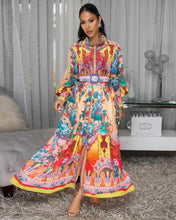 Load image into Gallery viewer, Fall Lapels Lantern Sleeve Waist Tight Ethnic Painted Printing Comfort Casual Maxi Dress Women