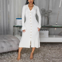 Load image into Gallery viewer, Women Wear V neck Solid Color Dress Single Breasted Long Sleeve Dress