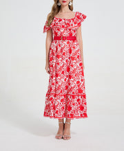 Load image into Gallery viewer, Women Asymmetrical Design Off The Shoulder Spaghetti Strap Ruffled Waist Cinching Figure-Flattering Long Dress With A Wide Flared Hem
