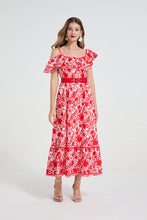 Load image into Gallery viewer, Women Asymmetrical Design Off The Shoulder Spaghetti Strap Ruffled Waist Cinching Figure-Flattering Long Dress With A Wide Flared Hem