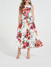 Load image into Gallery viewer, Women Romantic Floral Print Sleeveless Dress High Waisted Bow Tie Belt Cinched Waist Flared Dress