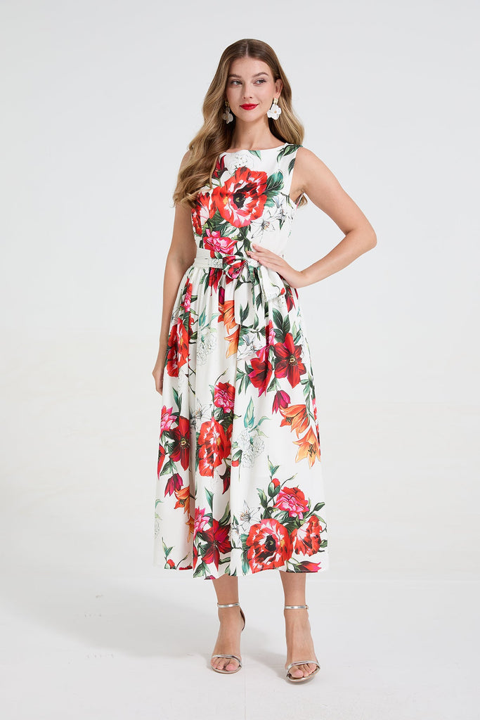 Women Romantic Floral Print Sleeveless Dress High Waisted Bow Tie Belt Cinched Waist Flared Dress