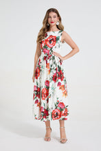 Load image into Gallery viewer, Women Romantic Floral Print Sleeveless Dress High Waisted Bow Tie Belt Cinched Waist Flared Dress