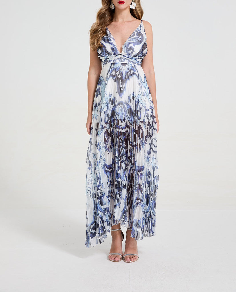 Women Blue And White Porcelain Print Sexy Deep V Strapless Pleated Floor Length Revealing Dress With A Wide Dress