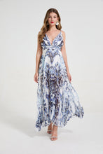 Load image into Gallery viewer, Women Blue And White Porcelain Print Sexy Deep V Strapless Pleated Floor Length Revealing Dress With A Wide Dress