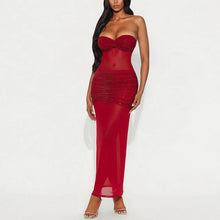 Load image into Gallery viewer, Tube Top Milk Silk Stitching Mesh Drilling Party Hip Wrapped Long Dress