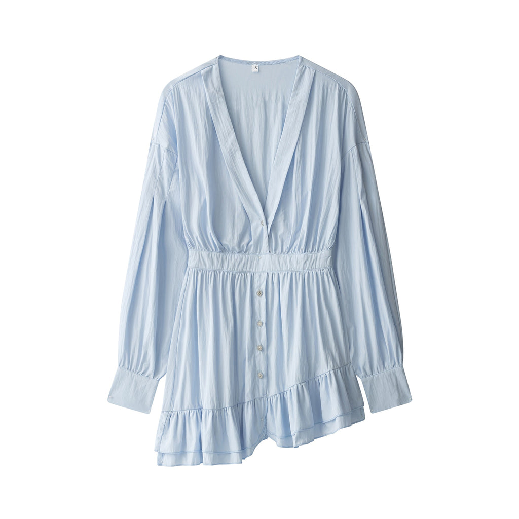 Women Clothing at Quality Collared Button Long Sleeve Lotus Leaf Dress
