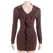 Load image into Gallery viewer, V neck Long Sleeved Solid Color Slim Fit Ruffled Design High Waist Short Hip Hugger Dress