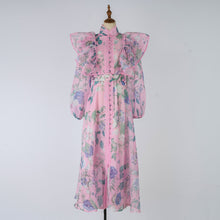 Load image into Gallery viewer, Women Spring Autumn Printed Belt Stand Up Collar Long Sleeved Dress