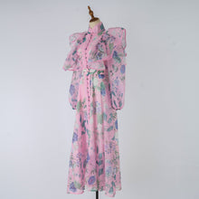 Load image into Gallery viewer, Women Spring Autumn Printed Belt Stand Up Collar Long Sleeved Dress