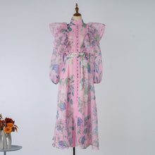 Load image into Gallery viewer, Women Spring Autumn Printed Belt Stand Up Collar Long Sleeved Dress