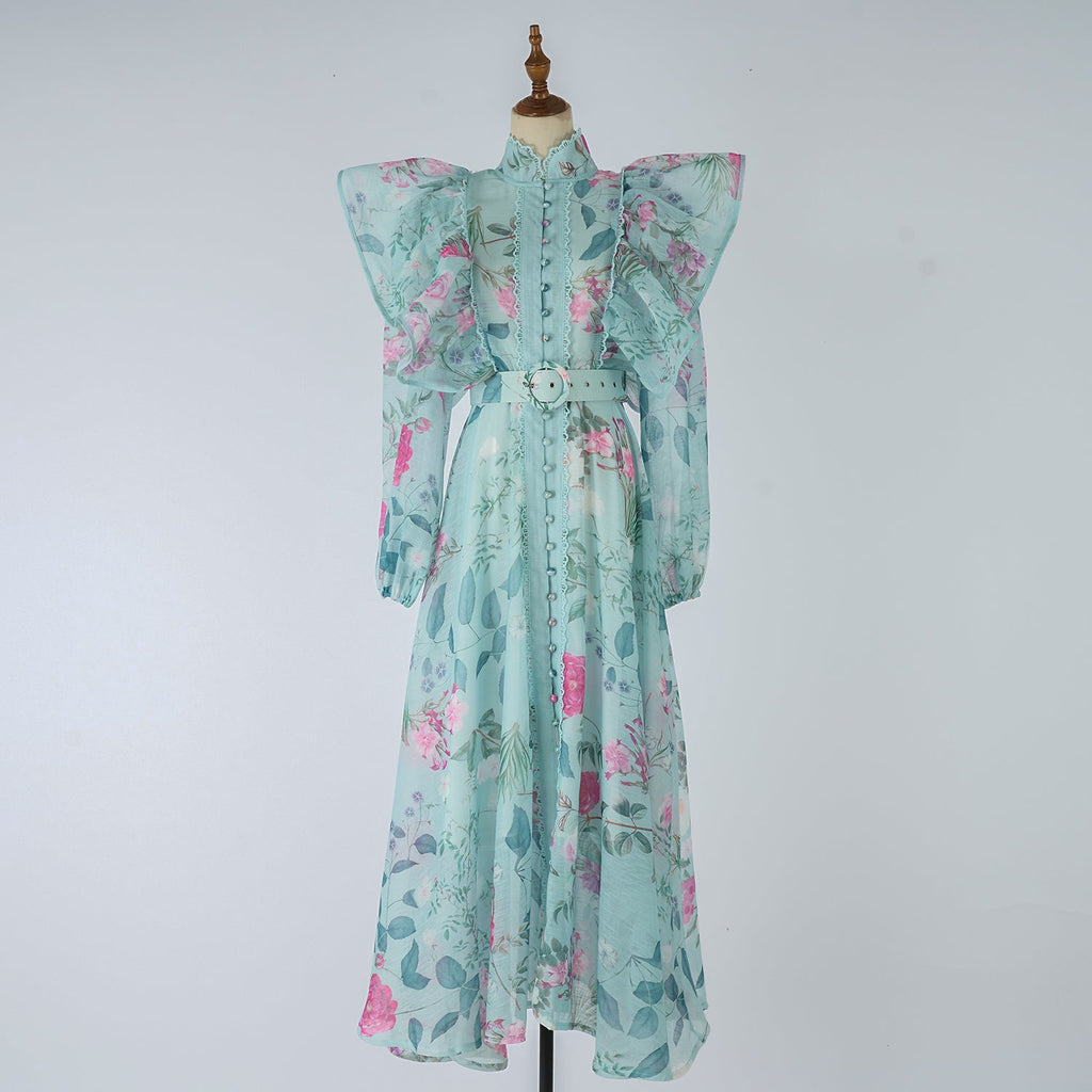 Women Spring Autumn Printed Belt Stand Up Collar Long Sleeved Dress