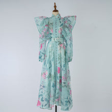 Load image into Gallery viewer, Women Spring Autumn Printed Belt Stand Up Collar Long Sleeved Dress