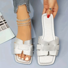 Load image into Gallery viewer, Women's Square Toe Flat Sandals | Hollow Cutout Slides PU Snakeskin