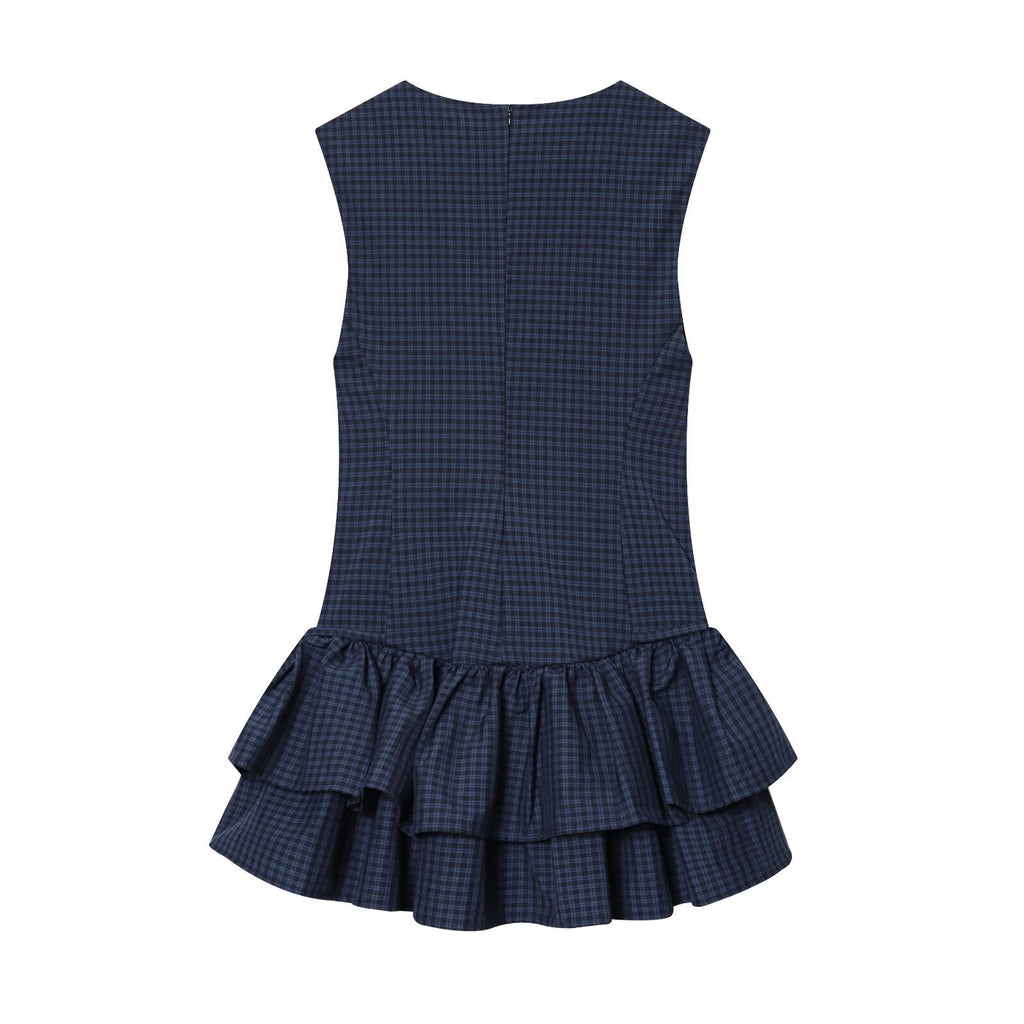 Women Clothing Autumn Sweet Romantic Plaid Laminated Decoration Short Dress