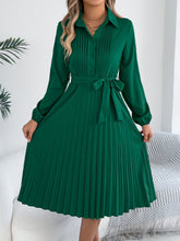 Load image into Gallery viewer, Spring Summer Elegant Solid Color Collared Long Sleeve Cinched Pleated Dress Women Clothing
