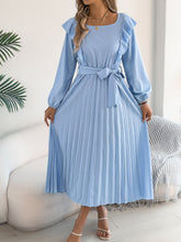 Load image into Gallery viewer, Women Clothing Spring Summer Elegant Ruffled Square Collar Long Sleeve Cinched Pleated Dress