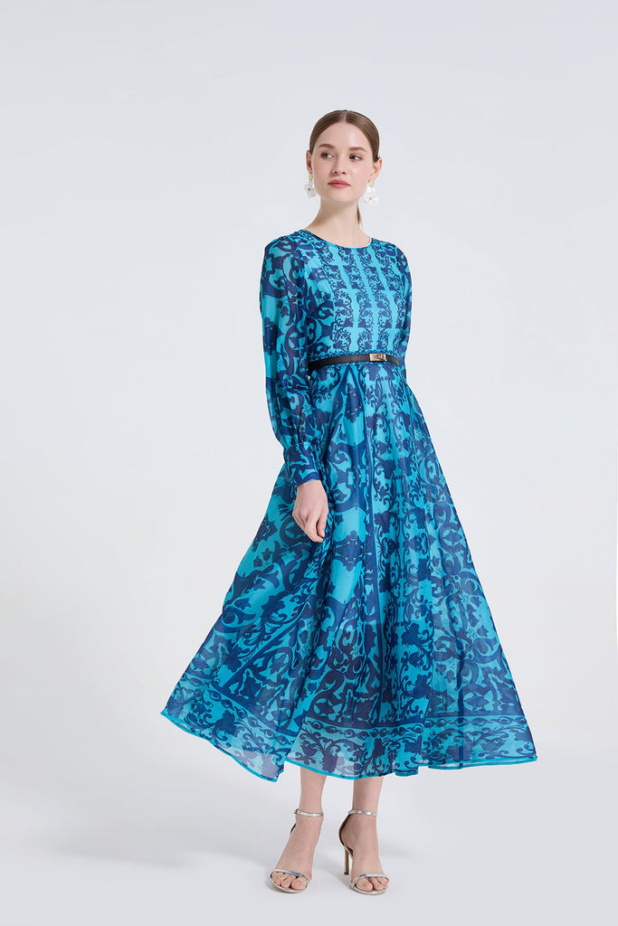 Women Printed Round Neck High Waisted Fitted Dress