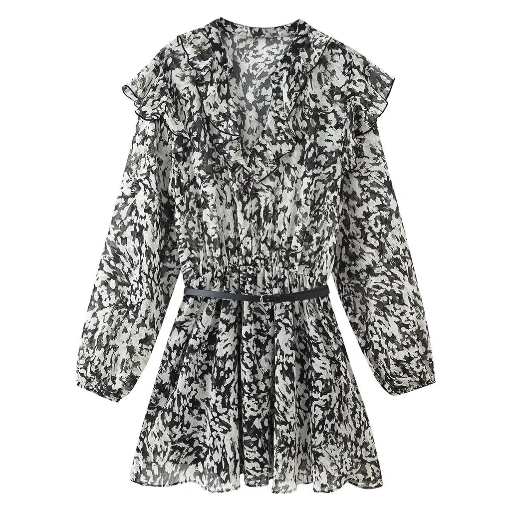 Women Clothing Western with Belt Printed Mini Dress