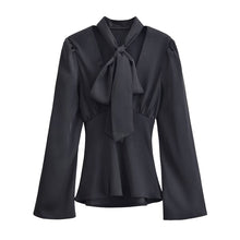 Load image into Gallery viewer, Women Clothing Winter Elegant Silk Satin Texture V neck Scarf Shirt