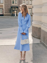 Load image into Gallery viewer, Elegant Office Pleated Deep V Plunge neck Button Decorative Waist Tight Lantern Sleeve Elegant A line Dress