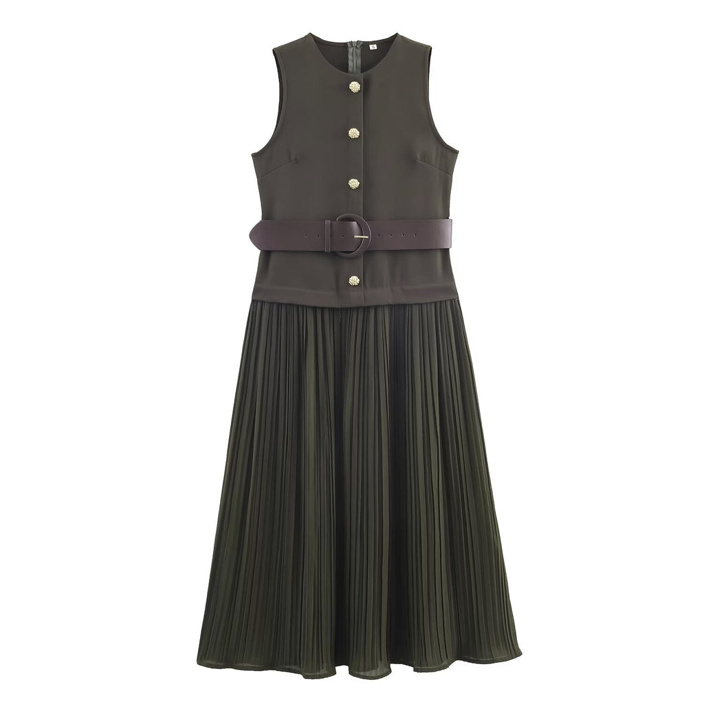 Women Clothing with Belt Stitching Midi Dress