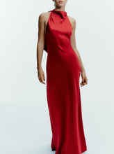 Load image into Gallery viewer, Women Clothing Top Product Silk Satin Texture Hanging Collar Sleeveless Slim Burgundy Maxi Dress