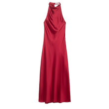 Load image into Gallery viewer, Women Clothing Top Product Silk Satin Texture Hanging Collar Sleeveless Slim Burgundy Maxi Dress
