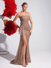 Load image into Gallery viewer, Champagne Sequin Sling Evening Dress Slim Fit Slit Cocktail Host Annual Party Party Light Luxury Fishtail Dress