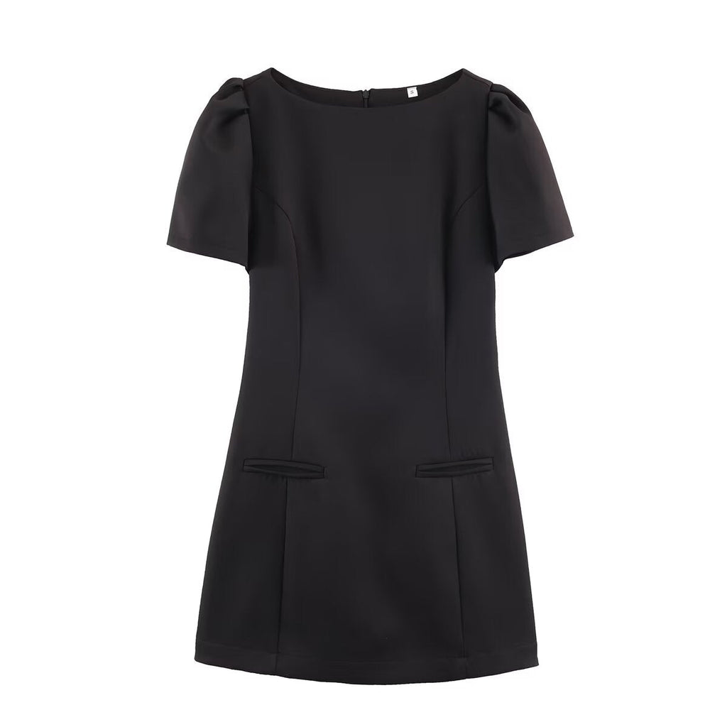 Women Casual Solid Color Two Pleated Pocket Short Sleeve Dress
