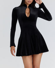 Load image into Gallery viewer, Women Clothing Velvet Stand up Collar Slim Fit A line Black Dress Minimalist Long Sleeve Comfortable Mini Dress