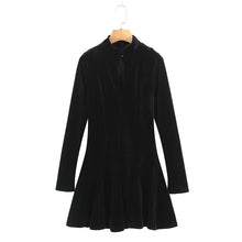Load image into Gallery viewer, Women Clothing Velvet Stand up Collar Slim Fit A line Black Dress Minimalist Long Sleeve Comfortable Mini Dress