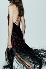 Load image into Gallery viewer, Women Clothing Hanging Collar Velvet Tassel Mid Length Midi Dress