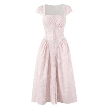 Load image into Gallery viewer, Women Pink Plaid Square Collar Short Sleeve Dress Autumn Tight Waist Slim Single Breasted Maxi Dress