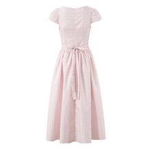 Load image into Gallery viewer, Women Pink Plaid Square Collar Short Sleeve Dress Autumn Tight Waist Slim Single Breasted Maxi Dress
