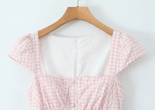 Load image into Gallery viewer, Women Pink Plaid Square Collar Short Sleeve Dress Autumn Tight Waist Slim Single Breasted Maxi Dress
