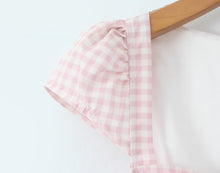 Load image into Gallery viewer, Women Pink Plaid Square Collar Short Sleeve Dress Autumn Tight Waist Slim Single Breasted Maxi Dress