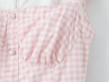 Load image into Gallery viewer, Women Pink Plaid Square Collar Short Sleeve Dress Autumn Tight Waist Slim Single Breasted Maxi Dress