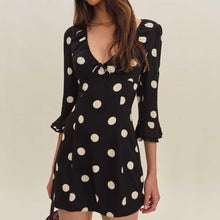Load image into Gallery viewer, French Retro Dots Dress Women Holiday V neck Slim-Fit Flared Sleeves Slimming A line Dress
